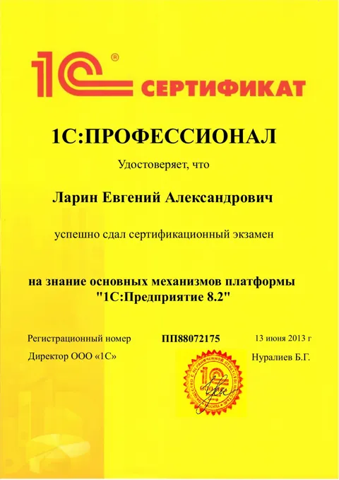 Сертификат 1С:Профессионал — Платформа 1С:Предприятие 8.2, 2013 год