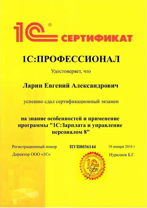 Сертификат 1С:Профессионал — Зарплата и управление персоналом 8, 2016 год